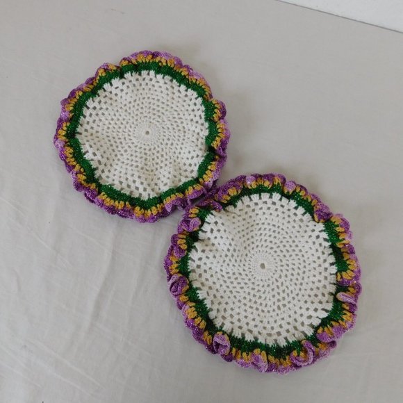 Crocheted Doily Round Purple Gold Green White Ruffled Edges Set of 2 Handmade - Picture 1 of 6